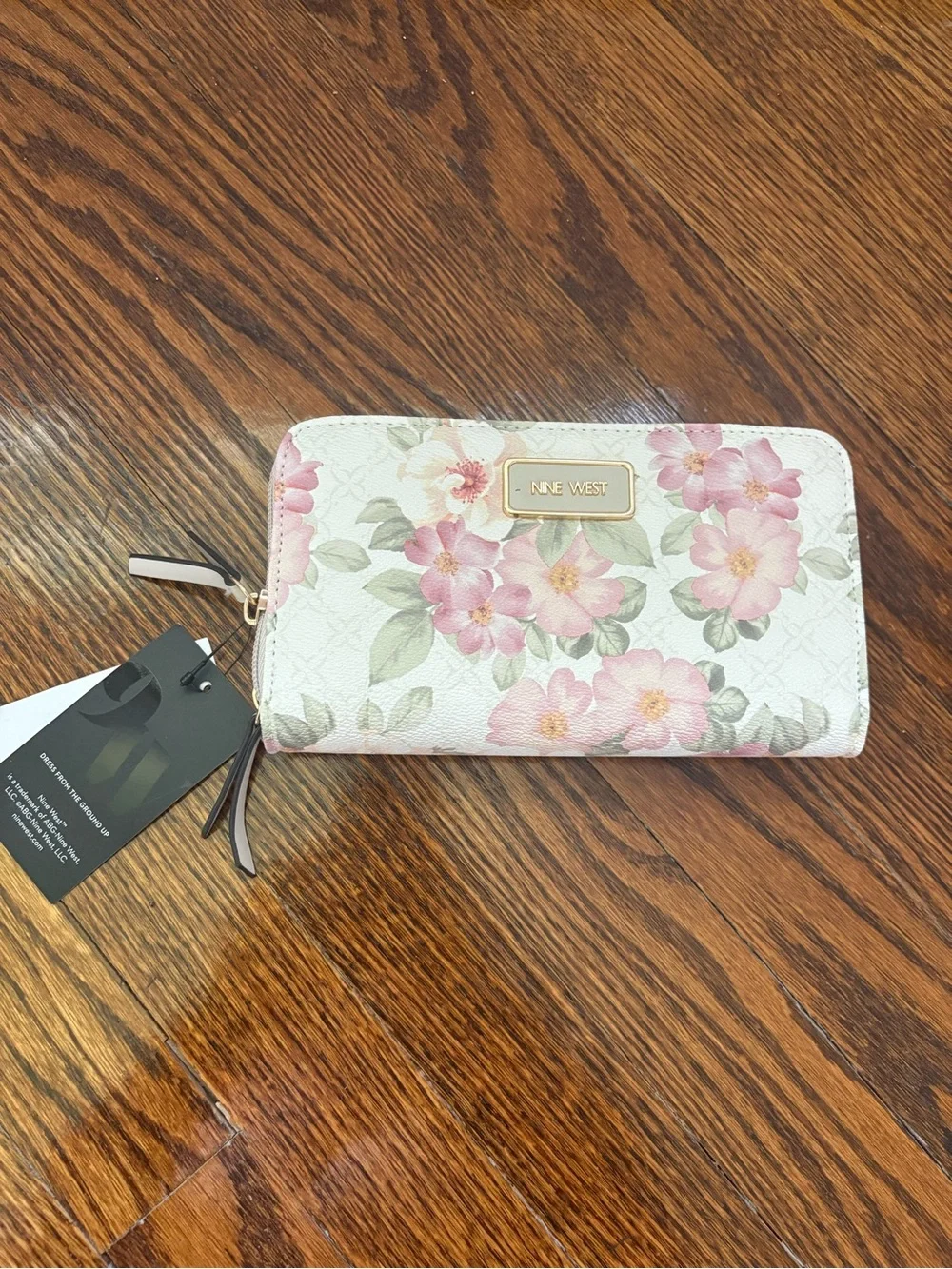 Nine West Pink Floral Zip Wallet with Gold Plaque